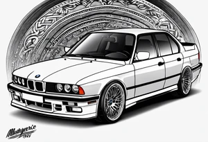 1995 Bmw M5 with supercharger standing out of hood tattoo idea