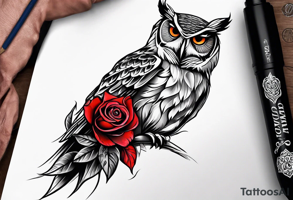 Forearm tattoo Color one Owl with three red roses tattoo idea