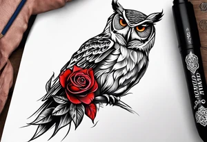 Forearm tattoo Color one Owl with three red roses tattoo idea