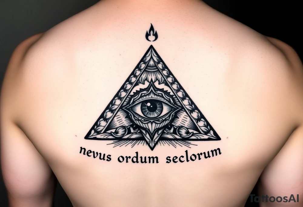 Pyramid with eye in the center, surrounded by words - novus ordum seclorum tattoo idea