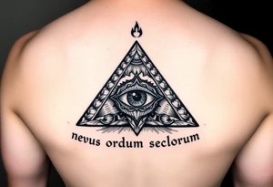 Pyramid with eye in the center, surrounded by words - novus ordum seclorum tattoo idea