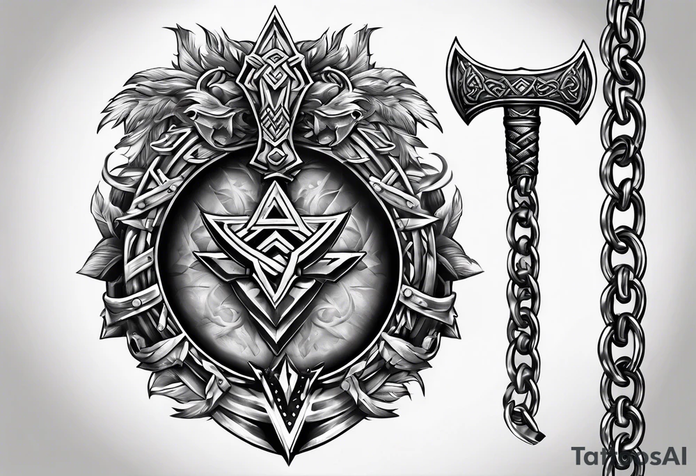 Valhalla sword shield axe Valknut chains tattoo idea