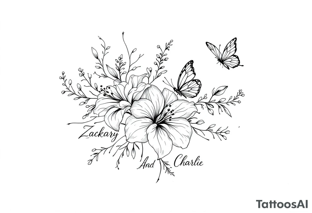 A delicate and highly detailed tattoo design featuring elegant flowers and two butterflies, symbolizing family, love, and the bond between a mother and her children. The flowers, such as lilies or peonies, represent protection, beauty, and unconditional love. Two butterflies gracefully flying around the flowers symbolize the children, Zackary and Charlie, representing their growth and freedom. Their names should be subtly integrated into the design, either along the stems of the flowers, within the butterfly wings, or in an elegant script flowing naturally with the composition. The tattoo should have a soft, flowing aesthetic with fine details, subtle shading, and a harmonious balance between nature and symbolism. The style can be fine line, realistic, or watercolor for a timeless and meaningful look. tattoo idea