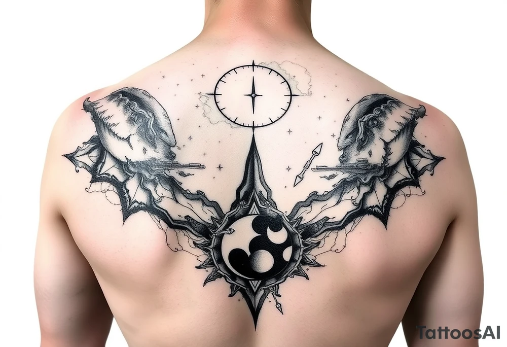 cover up tattoo inspired by the space and time that covers the upper portion of the back that is hyper realstic tattoo idea