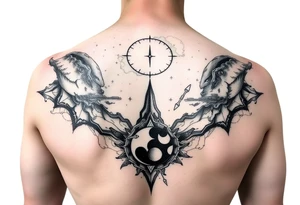 cover up tattoo inspired by the space and time that covers the upper portion of the back that is hyper realstic tattoo idea