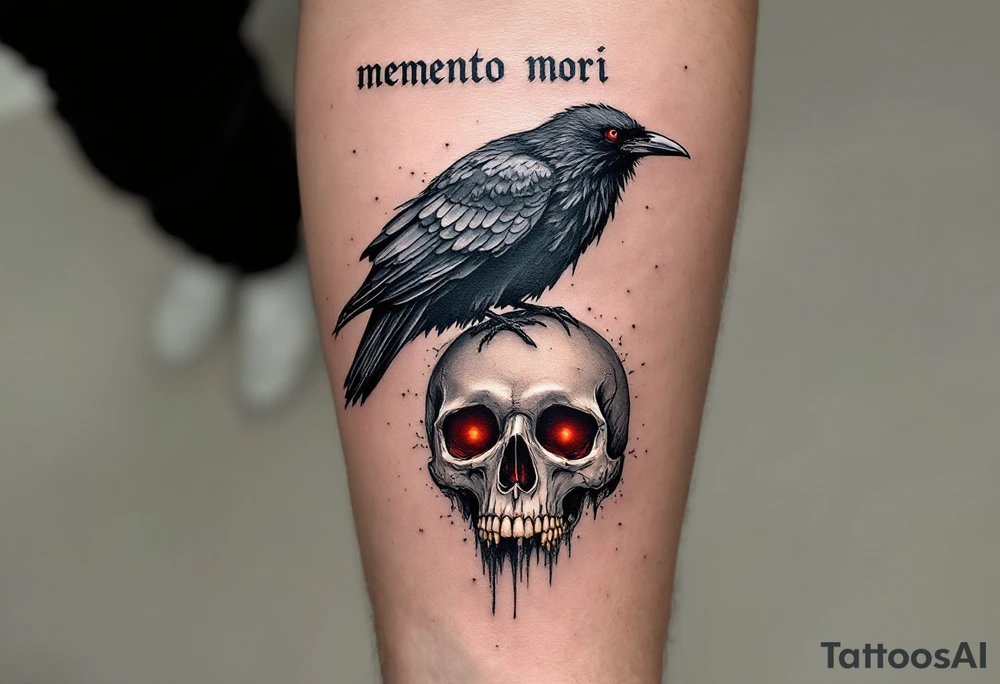 A dark gray raven perched on a human skull with deep red eyes, "memento mori" in handwritten blackletter across the top. tattoo idea