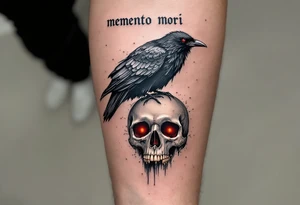 A dark gray raven perched on a human skull with deep red eyes, "memento mori" in handwritten blackletter across the top. tattoo idea