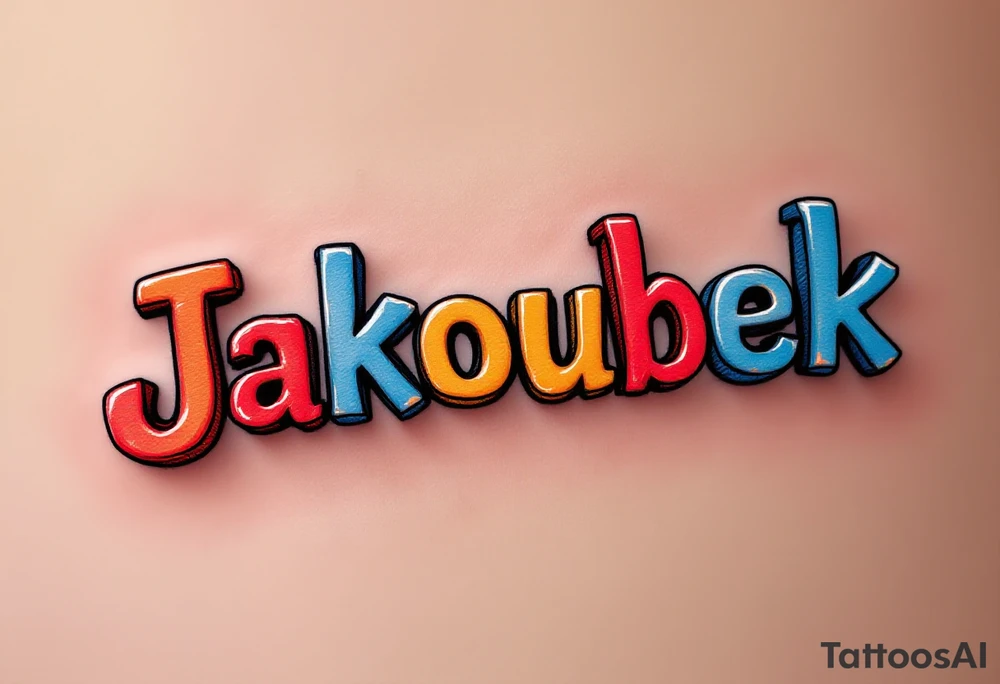 Jakoubek name styled as wooden toy blocks, colored in primary red, yellow, and blue. tattoo idea
