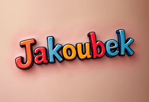 Jakoubek name styled as wooden toy blocks, colored in primary red, yellow, and blue. tattoo idea