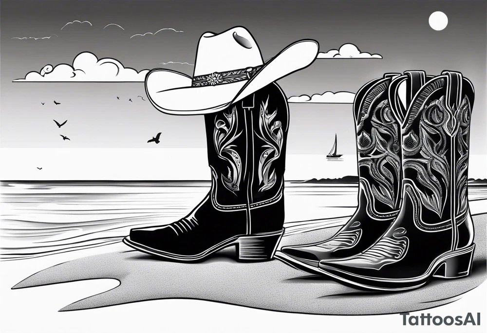 A pair of mens boots, a pair of womens flip flops and a cowboyhat on the Beach. Keep it simple tattoo idea