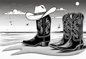 A pair of mens boots, a pair of womens flip flops and a cowboyhat on the Beach. Keep it simple tattoo idea