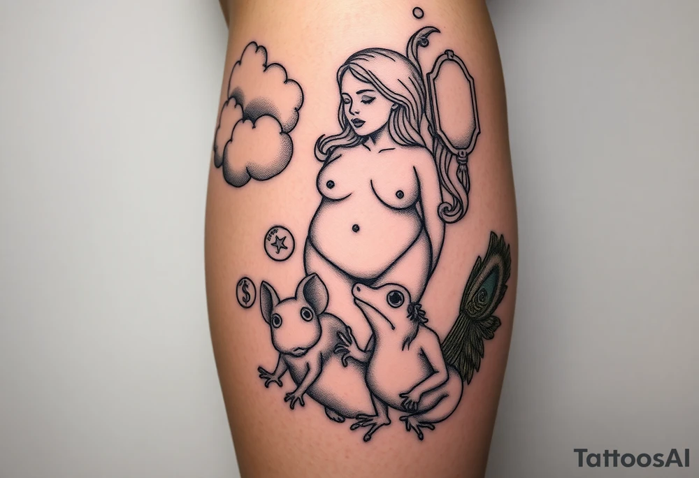 Storm clouds with a fat naked woman and drugs and money  and coins and mirror and sexy naked couple lustful having sex with pig and peacock frog tattoo idea