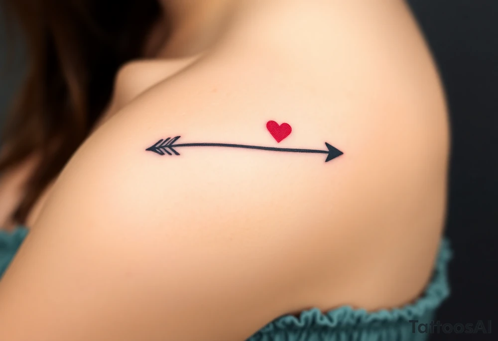 A thin, black arrow with a delicate heart-shaped arrowhead, symbolizing love’s direct path. The fletching is styled with soft curves, giving it an elegant yet simple look. A tiny red heart floats just above the tip, as if the arrow is guiding love to its destined place. The design is sleek, modern, and perfect for a subtle romantic statement. tattoo idea