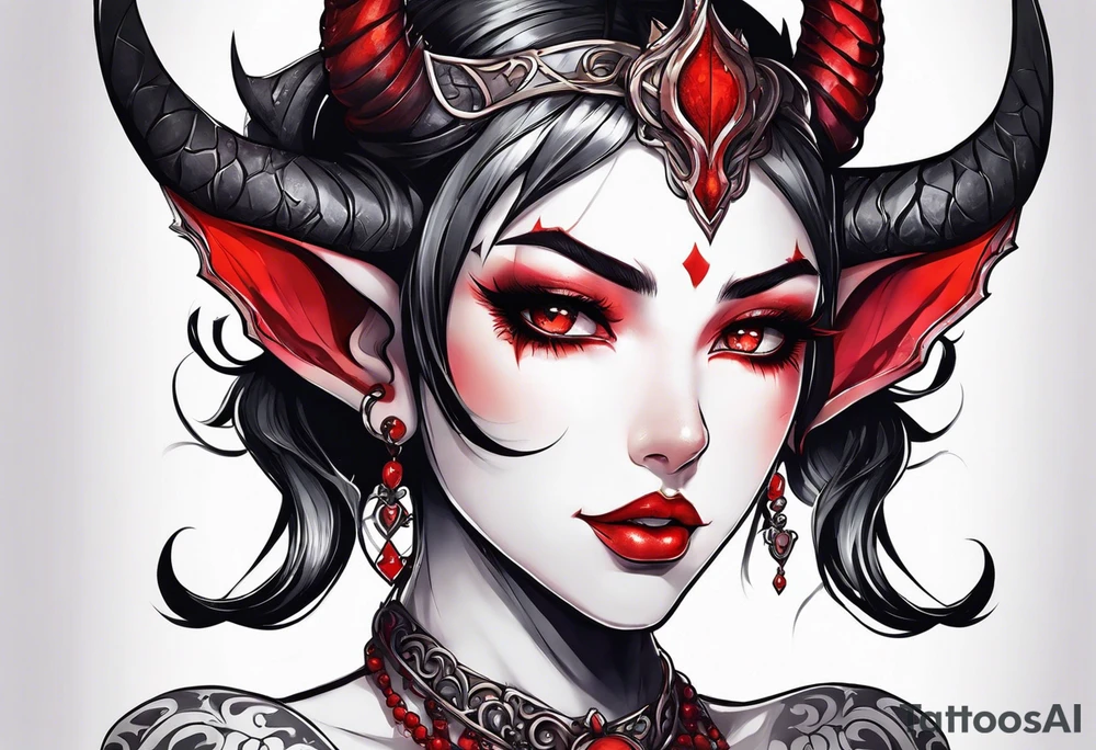 anime style succubus with red horns in a portrait tattoo idea