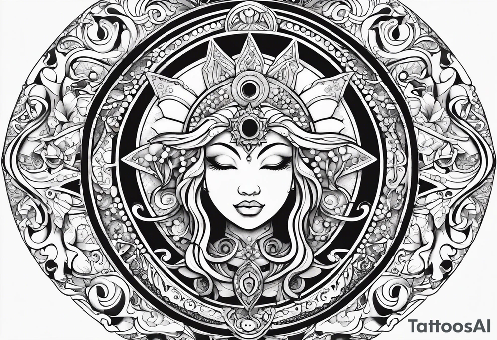 Feminine alien Sun and moon. Freeform rectangular sternum swirls with dots and stars tattoo idea
