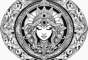 Feminine alien Sun and moon. Freeform rectangular sternum swirls with dots and stars tattoo idea