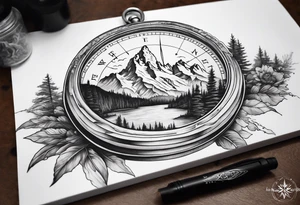 compass sleeve with grand Tetons in the middle tattoo idea