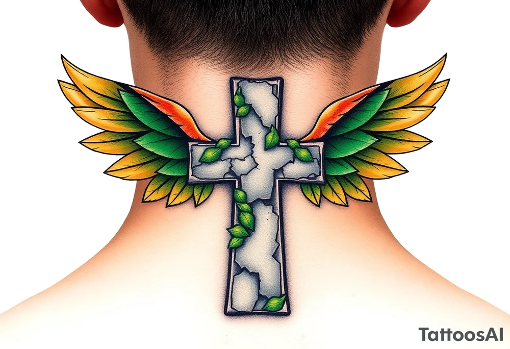 A moss-covered stone cross, with soft green and gold wings resembling leaves in autumn tattoo idea