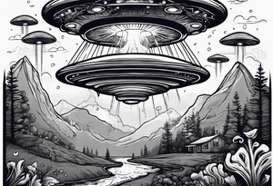 ufo abduction with mushrooms and vines tattoo idea