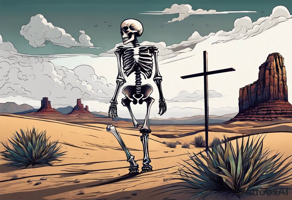 skeleton walking towards a cross in a desert tattoo idea
