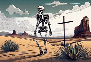 skeleton walking towards a cross in a desert tattoo idea