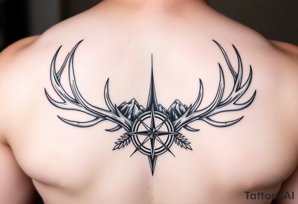 Long one line 1 in wide by 10 inches long of real elk and deer antlers sheds intertwined , a compass, and mountains tattoo idea