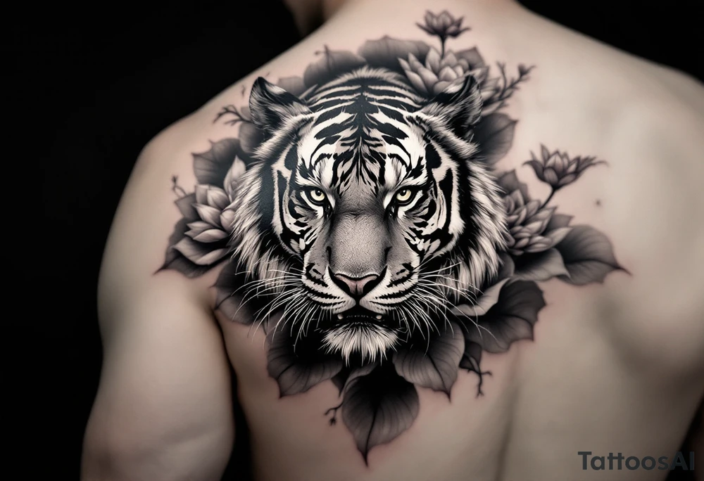 fierce tiger emerging through blooming lotus flowers in mist tattoo idea