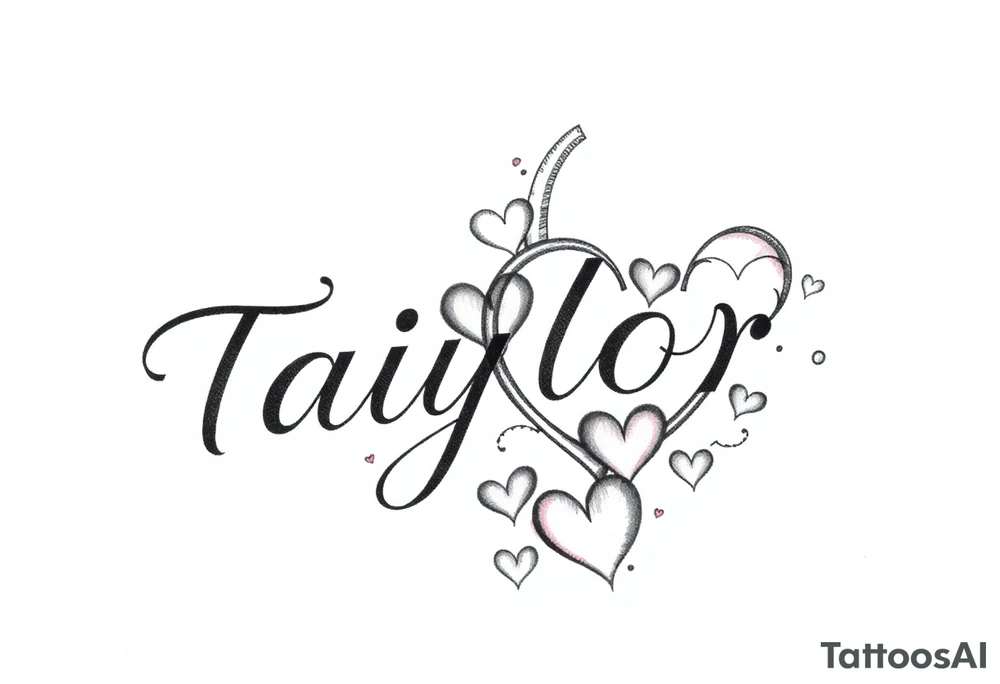 The name Taiylor spelled vertical with the O as as ring behind the ear with hearts tattoo idea