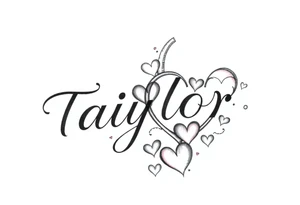 The name Taiylor spelled vertical with the O as as ring behind the ear with hearts tattoo idea