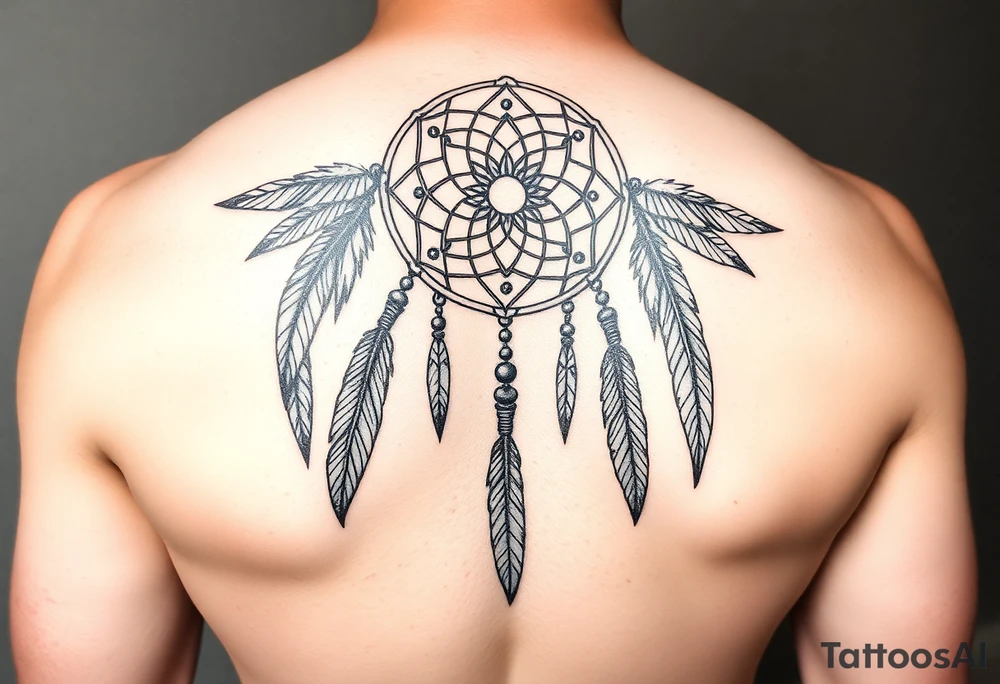native dreamcatcher with flowing feathers and sacred beads tattoo idea