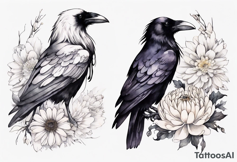 a raven with white claws and a white chrysanthemum on her chest tattoo idea