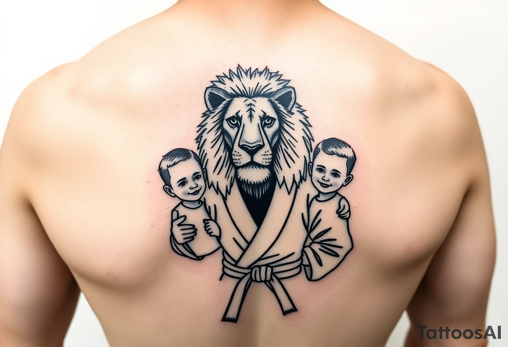 Lion wearing a Brazilian jiu jitsu gi as a person would along side his two sons. The surrounding area is the sarenghetti tattoo idea