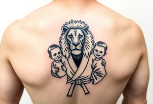 Lion wearing a Brazilian jiu jitsu gi as a person would along side his two sons. The surrounding area is the sarenghetti tattoo idea