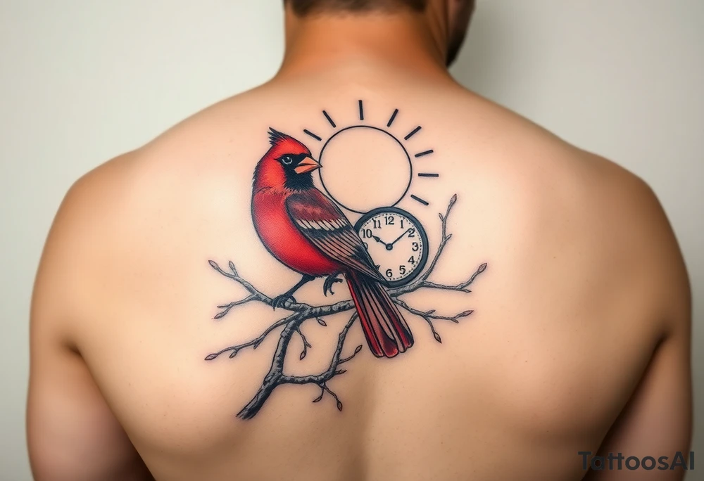 Create an image for a half sleeve tattoo on the right arm of a man.  The tattoo should incorporate a red cardinal bird on a tree branch with a sun and a clock.  It should also incorporate a quote of "Happiness is not by chance but by choice". tattoo idea