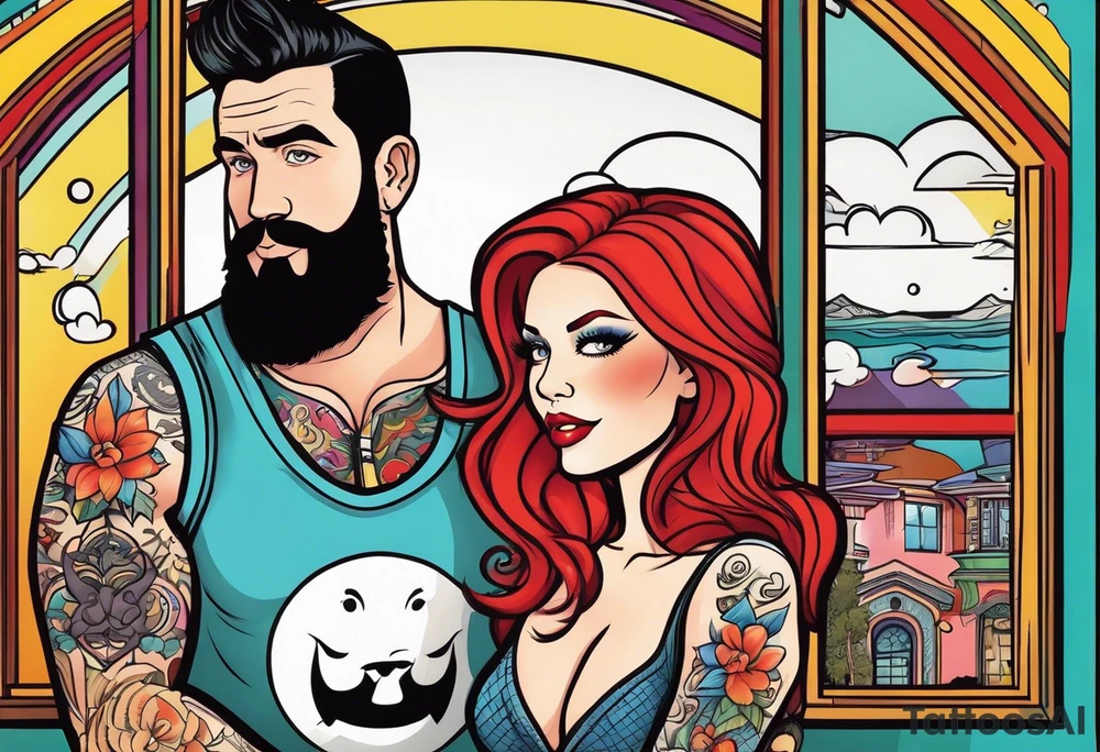 Busty Red haired woman with black haired bearded man tattoo idea
