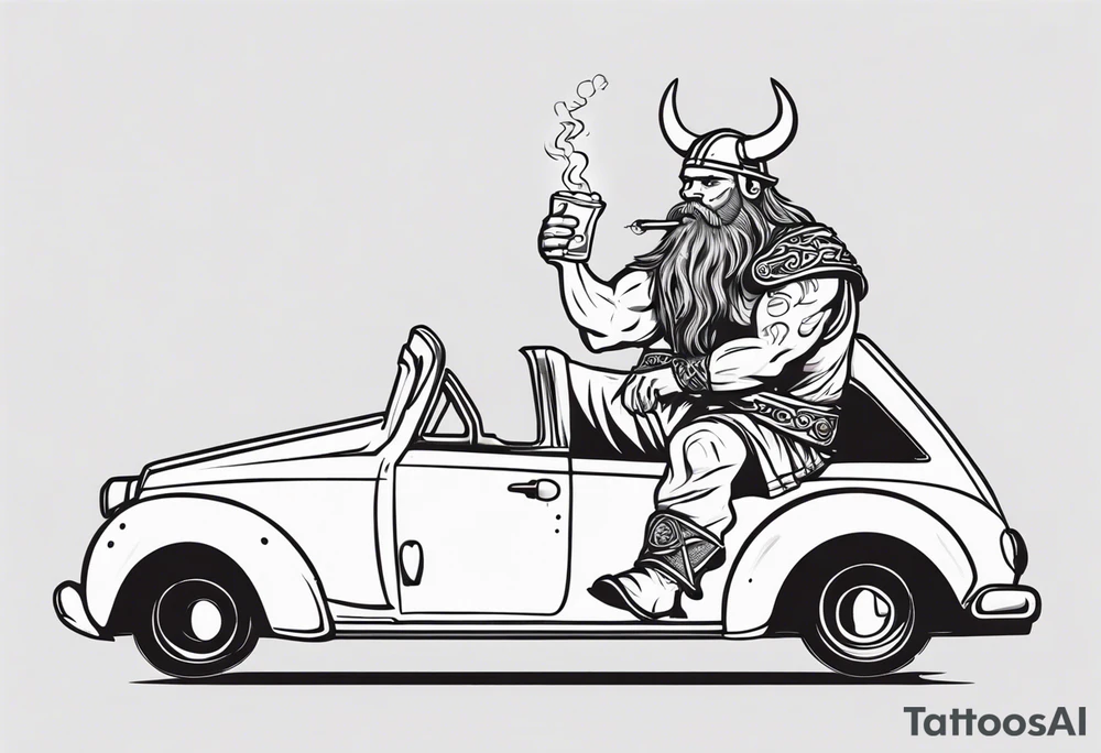 A Viking sitting in a car drinking a beer and smoking tattoo idea A Viking sitting in a car drinking a beer and smoking tattoo idea
