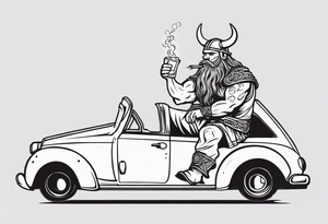 A Viking sitting in a car drinking a beer and smoking tattoo idea
