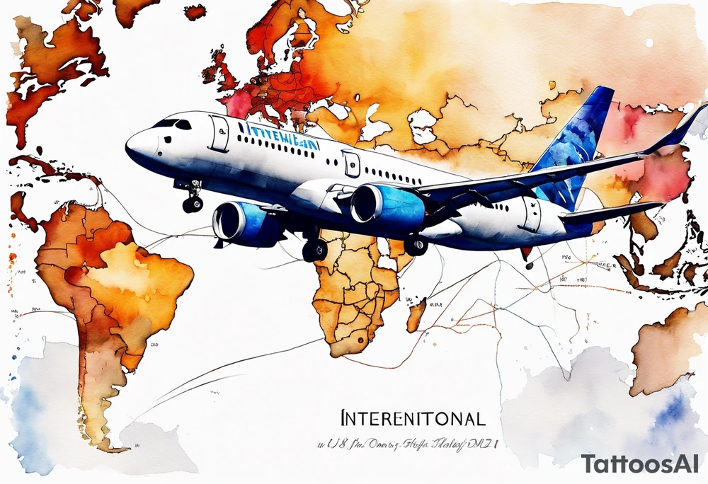 Map us to europe with one tiny jet plane showing intercontinental flight path. Watercolor with spilled watercolor look abstract tattoo idea