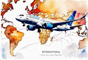 Map us to europe with one tiny jet plane showing intercontinental flight path. Watercolor with spilled watercolor look abstract tattoo idea