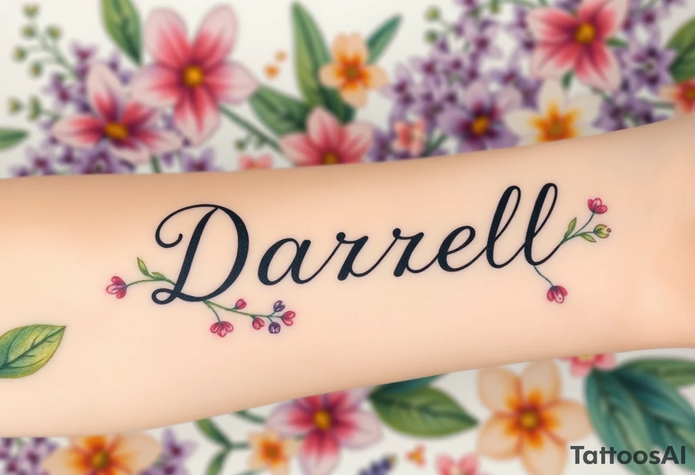 Bold colors, 1 inch font, "Darrell" with lots of whimsical background, add lots of flowers, more background of lilies, lilacs, lily of the valley, different colors, sizes and shapes tattoo idea