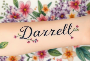 Bold colors, 1 inch font, "Darrell" with lots of whimsical background, add lots of flowers, more background of lilies, lilacs, lily of the valley, different colors, sizes and shapes tattoo idea