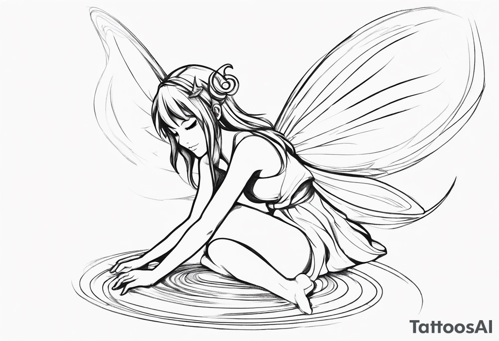 No color sideways sketch of a fairy with a tail inspired by the guild symbol in the anime show called Fairy Tail in a fetal position leaning forward while crawled in with hands a bit forward and her body is an angle while floating in the air with big wings tattoo idea