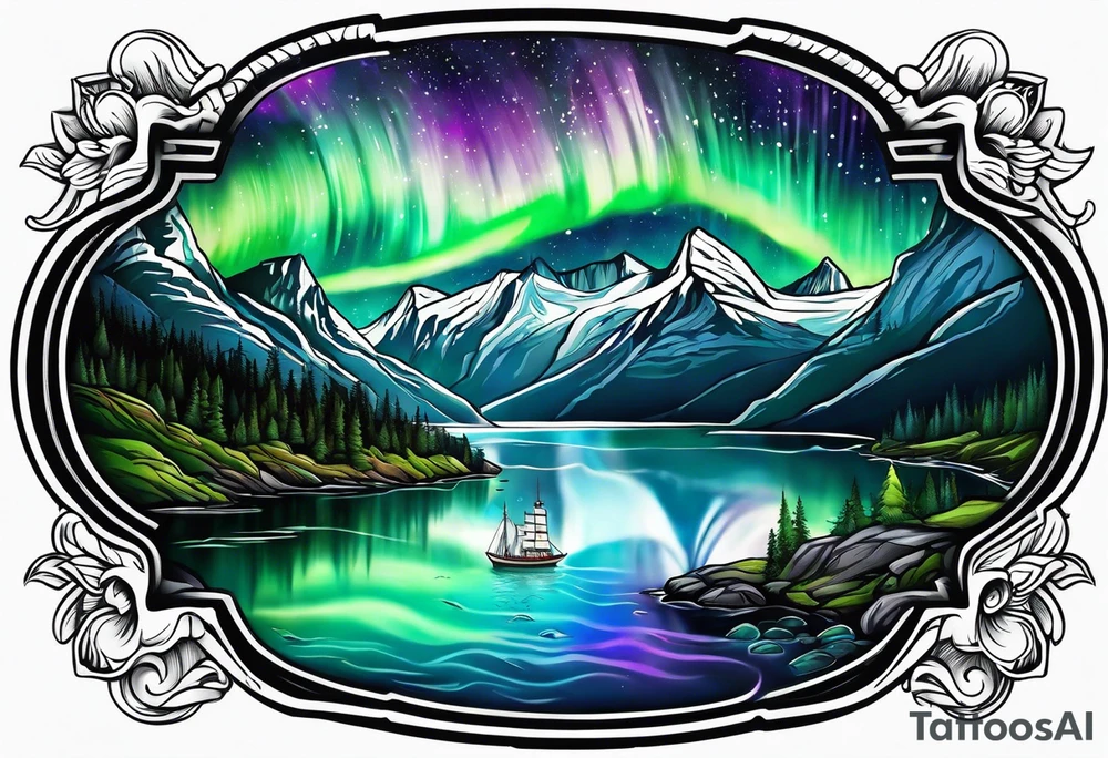 Norwegian fjord with aurora borealis tattoo idea