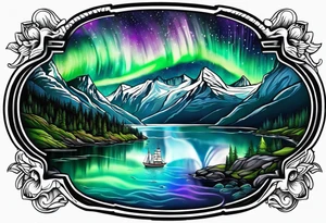 Norwegian fjord with aurora borealis tattoo idea
