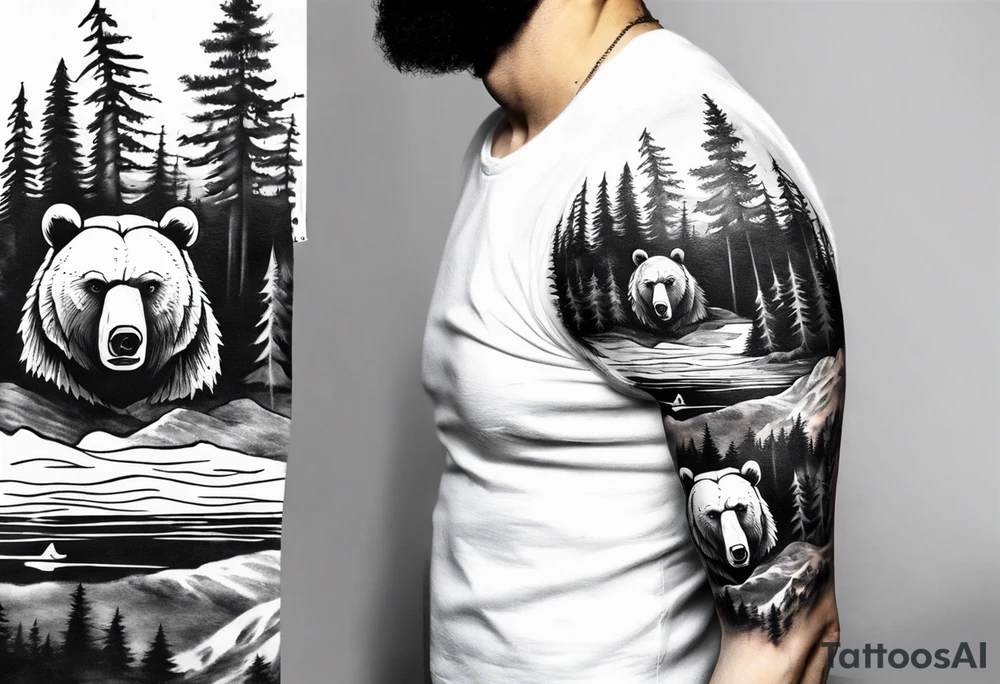 bear head right above the forest line with a lake below, full arm sleeve tattoo tattoo idea
