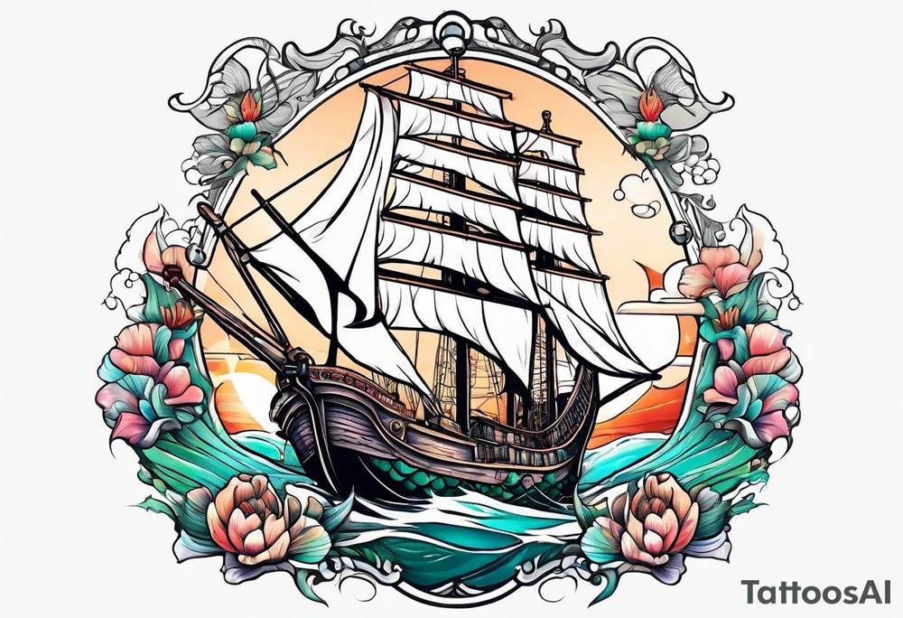 mermaid with galleon ship tattoo idea