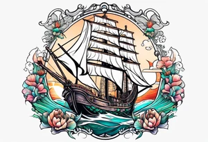 mermaid with galleon ship tattoo idea