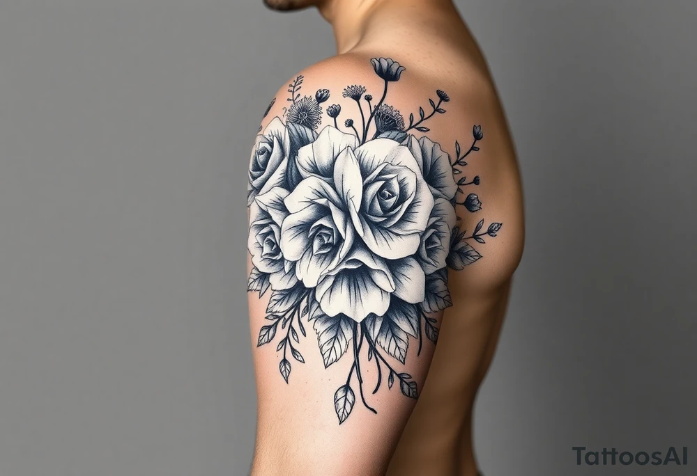 vintage bouquet of wild roses and meadow flowers with morning dew tattoo idea