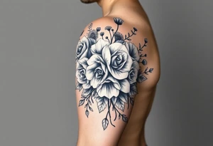 vintage bouquet of wild roses and meadow flowers with morning dew tattoo idea