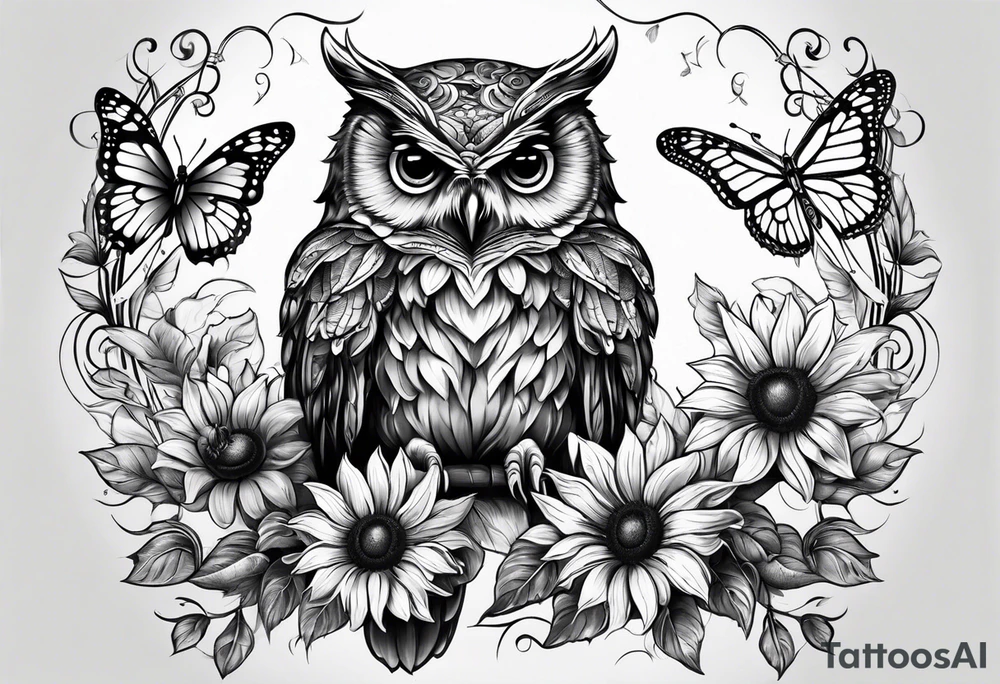 Small owl.with sunflowers and butterflies tattoo idea